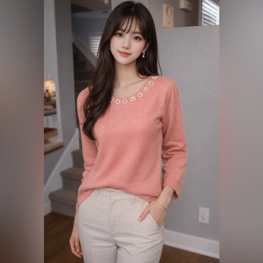 Pretty in Pearls Coral Romantic Feminine Sweater Soft Knit Statement Top Medium